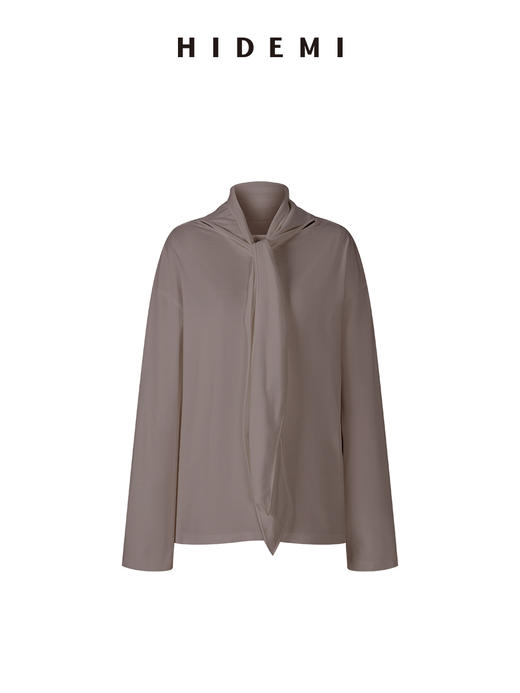 HIDEMI 极简设计感飘领多穿围巾式高密自然棉廓形长袖上衣T恤 白色/藏蓝色/炭灰色 商品图7