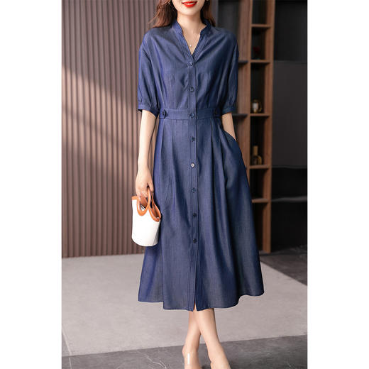 87437-1原形高级感V领连衣裙女2024春夏季新款韩版中长款高腰显瘦衬衫裙 商品图2