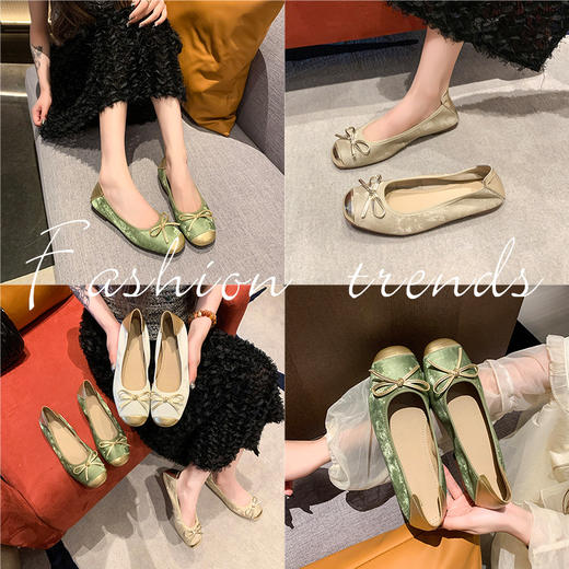 「国风拼色！小众设计」2024新款国风拼色复古蝴蝶结圆头浅口单鞋 休闲蛋卷鞋 女软底蛋卷鞋平底豆豆鞋 商品图4