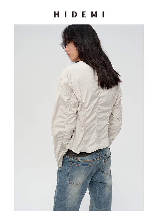 HIDEMI 极简设计感立裁抽皱式v领弧形长袖短款收腰显瘦衬衫 海鸥灰/黑色 商品图8
