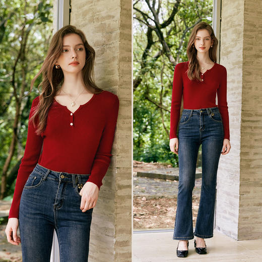 
OLrain欧芮儿法式红色薄款针织衫女早秋2024新款修身套头打底上衣 商品图1