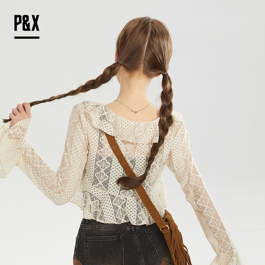P&X设计师女装秋季蕾丝小衫修身两件套短款上衣 824315289 卡其 商品图3