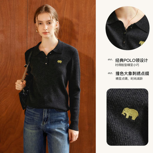 
欧芮儿法式黑色POLO领刺绣羊毛针织衫女早秋2024新款翻领套头上衣 商品图2