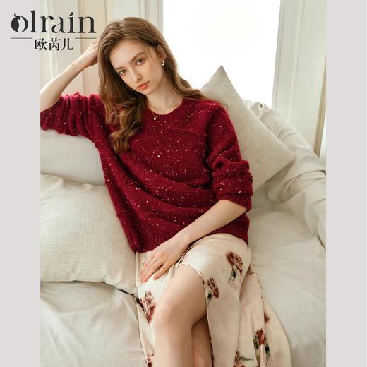 OLrain欧芮儿法式酒红色毛衣女秋季2024年新款复古宽松简约上衣 商品图0