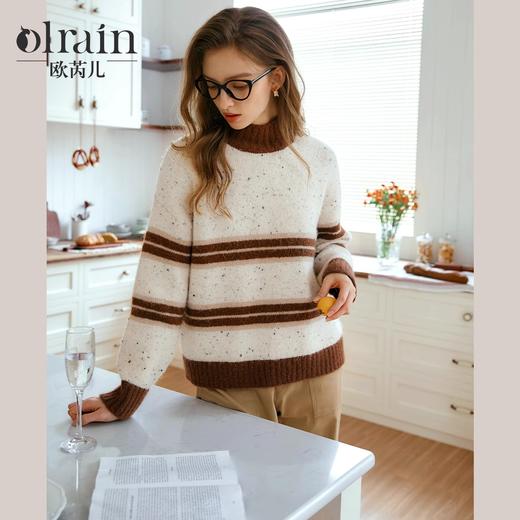 OLrain欧芮儿套头条纹毛衣女秋季2024年新款半高领复古慵懒风上衣 商品图0