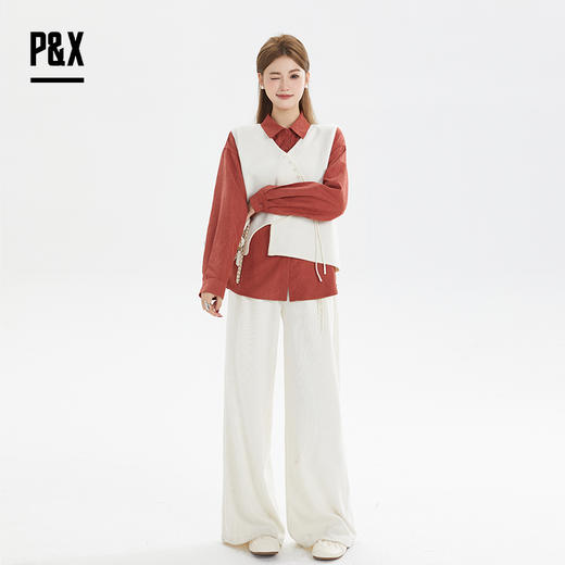 P&X设计师女装秋季休闲衫衣马甲两件套短款上衣 824315288 杏/红 商品图1