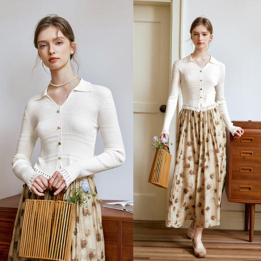 
OLrain欧芮儿法式杏色v领针织衫女秋季2024新款修身收腰翻领上衣 商品图1