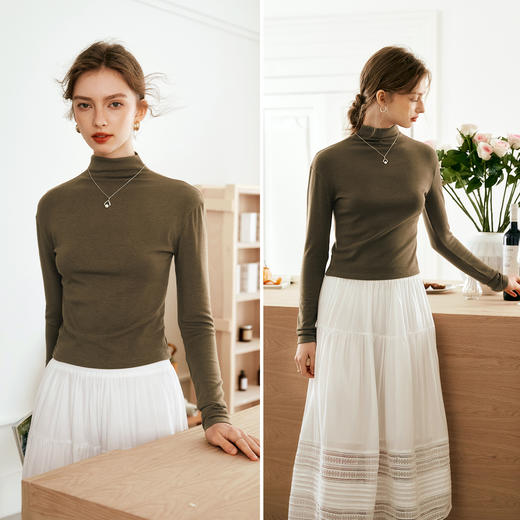 欧芮儿法式简约咖色半高领打底T恤女秋2024新款气质长袖内搭上衣 商品图1