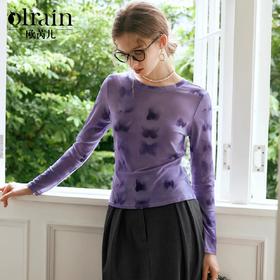 OLrain欧芮儿法式印花T恤女秋季设计感扎染网纱显瘦上衣打底衫
