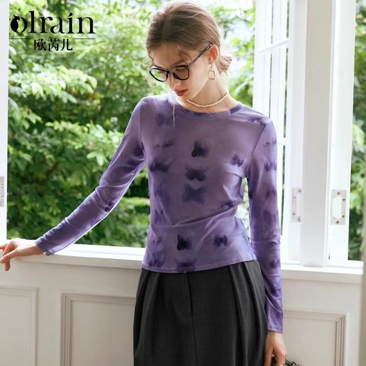 OLrain欧芮儿法式印花T恤女秋季设计感扎染网纱显瘦上衣打底衫 商品图0