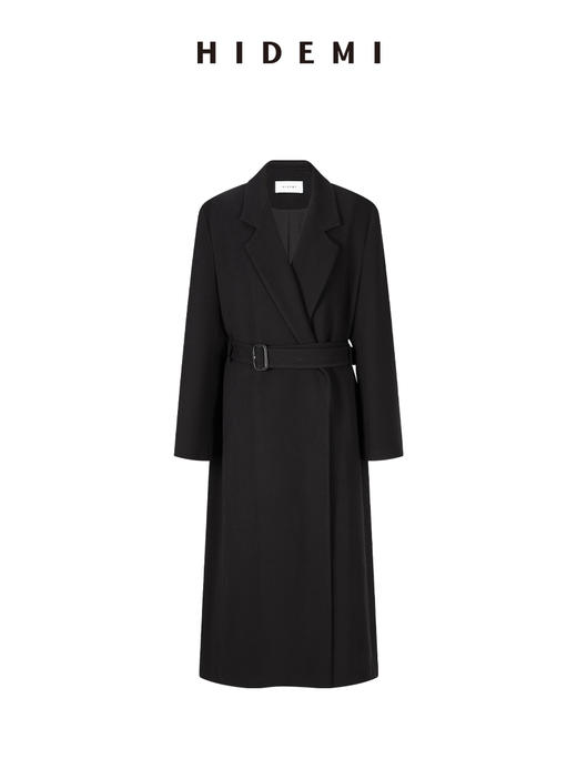 HIDEMI 极简廓形设计感翻领式宽肩垫肩宽长款西装腰带式斜纹大衣 商品图8