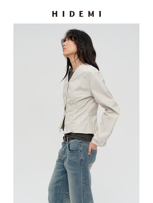 HIDEMI 极简设计感立裁抽皱式v领弧形长袖短款收腰显瘦衬衫 海鸥灰/黑色 商品图9