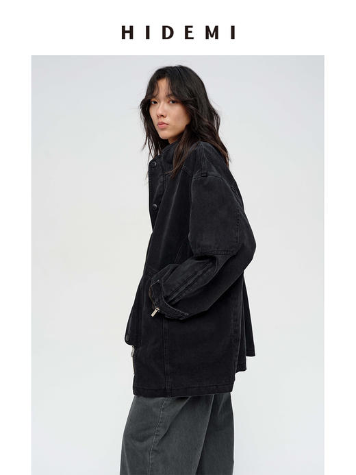 HIDEMI 多重水洗复古牛仔拉链立领式大口袋飞行员中长款大廓形夹克外套 水洗灰/碳黑色 商品图10