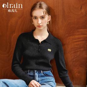 
欧芮儿法式黑色POLO领刺绣羊毛针织衫女早秋2024新款翻领套头上衣