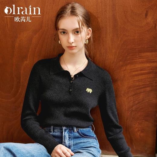 
欧芮儿法式黑色POLO领刺绣羊毛针织衫女早秋2024新款翻领套头上衣 商品图0
