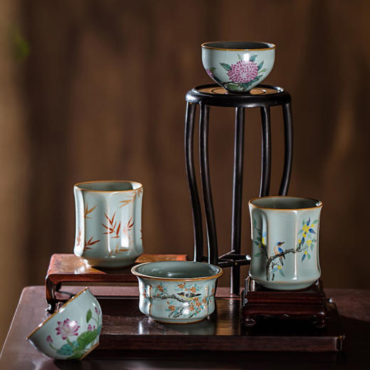 松涛彩绘汝窑天青棱线杯（水仙缥缈）（花鸟物语）（红竹萧萧）天青清尊杯（花鸟物语）（缺货） 商品图1