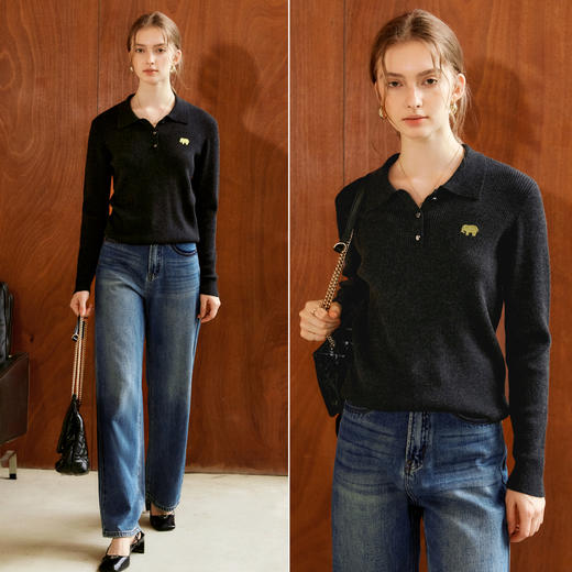 
欧芮儿法式黑色POLO领刺绣羊毛针织衫女早秋2024新款翻领套头上衣 商品图1