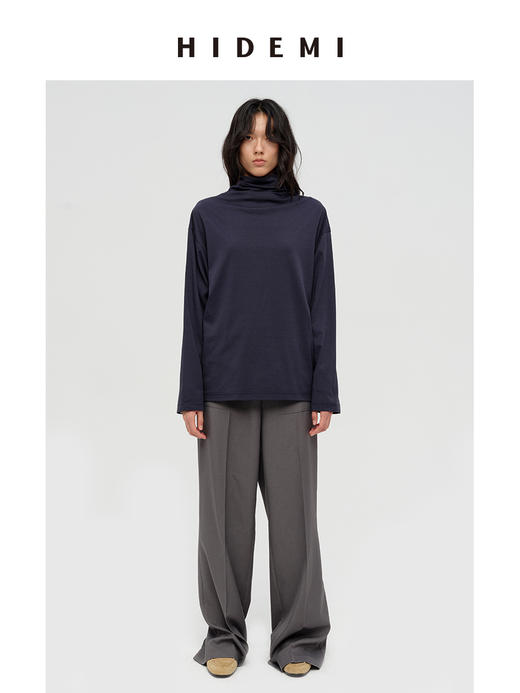 HIDEMI 极简设计感飘领多穿围巾式高密自然棉廓形长袖上衣T恤 白色/藏蓝色/炭灰色 商品图2