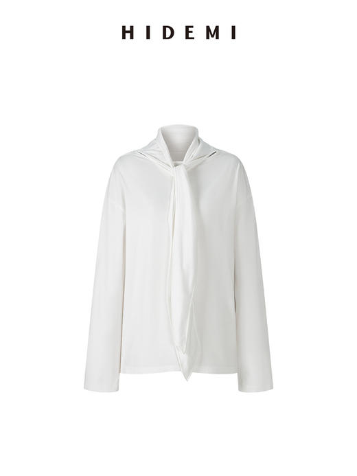 HIDEMI 极简设计感飘领多穿围巾式高密自然棉廓形长袖上衣T恤 白色/藏蓝色/炭灰色 商品图8