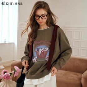 OLrain欧芮儿美式假两件套头卫衣女早秋季宽松休闲设计感印花上衣