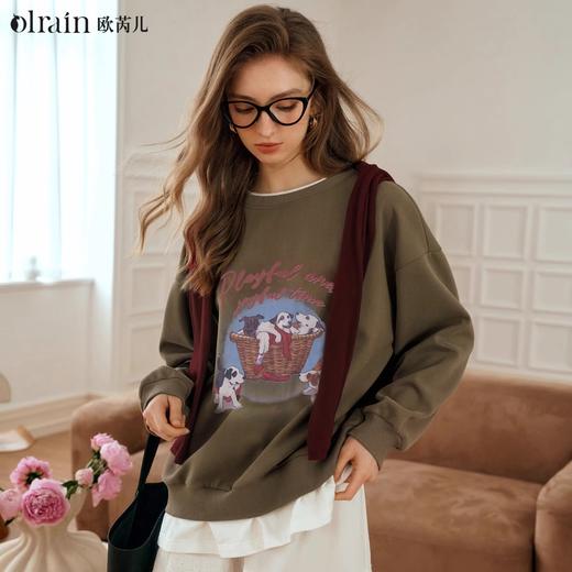 OLrain欧芮儿美式假两件套头卫衣女早秋季宽松休闲设计感印花上衣 商品图0