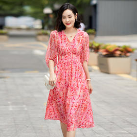 丁摩 真丝碎花连衣裙夏季女法式气质桑蚕丝度假裙子4ZF-90447