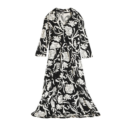 丁摩 真丝连衣裙女夏季中袖翻领印花桑蚕丝修身收腰系带长裙4ZF-22016 商品图3