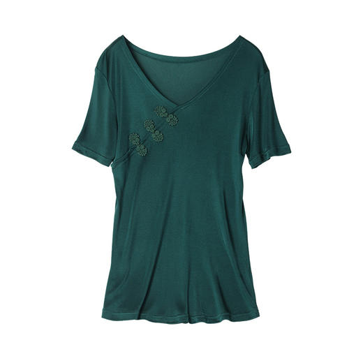 丁摩 新中式国风V领盘扣真丝短袖T恤春夏季桑蚕丝针织纯色上衣4ZF-24039 商品图3