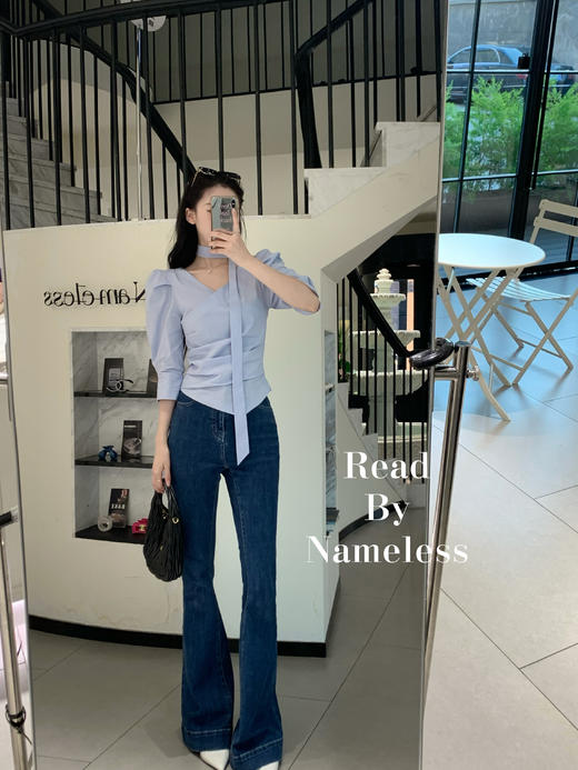 Read Nameless /韩国欧尼蓝衬衫+复古深蓝牛仔喇叭裤 商品图8