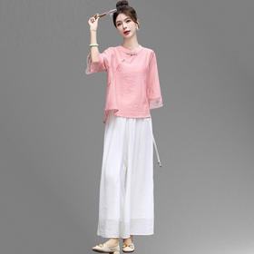 中国风时尚天丝麻套装，宽松阔腿裤新中式两件套HR-MY8867