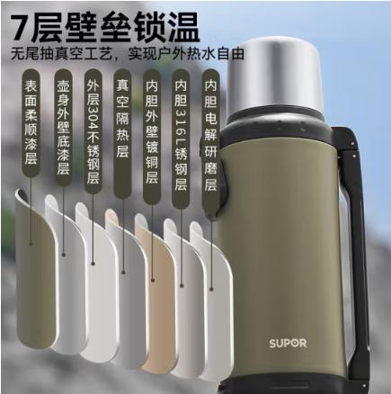 苏泊尔（SUPOR）保温壶304不锈钢大容量保温水壶户外旅行壶便携车载保温瓶暖水壶  高山绿 2L   20BV10 商品图4