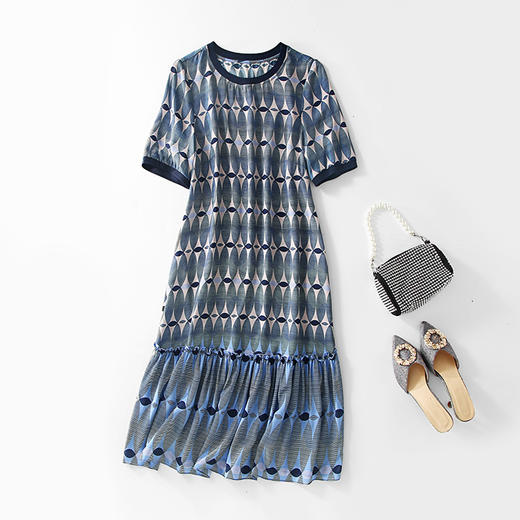丁摩 单层加厚圆领蓝色几何休闲真丝连衣裙短袖鱼尾裙新4ZF-75266 商品图4