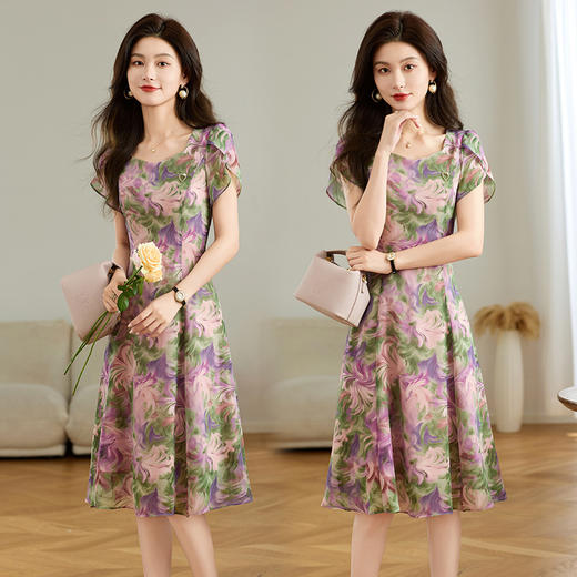 时尚优雅中长款，雪纺印花连衣裙QYM-TB-FD1906-Y 商品图4