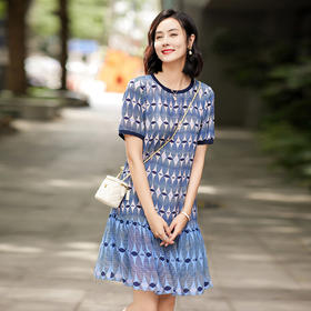 丁摩 单层加厚圆领蓝色几何休闲真丝连衣裙短袖鱼尾裙新4ZF-75266