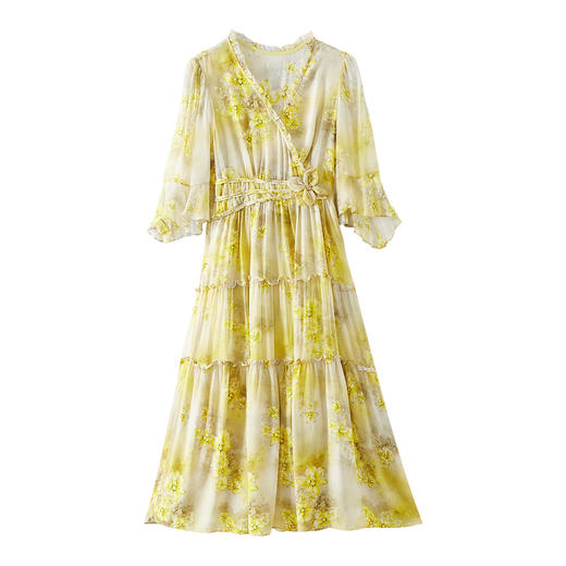 WM78071显肤白V领桑蚕丝黄色碎花裙真丝连衣裙女夏季高级感长裙 商品图4