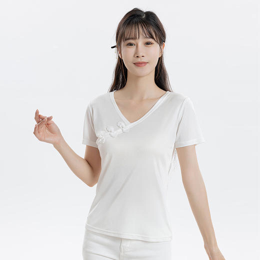 丁摩 新中式国风V领盘扣真丝短袖T恤春夏季桑蚕丝针织纯色上衣4ZF-24039 商品图6