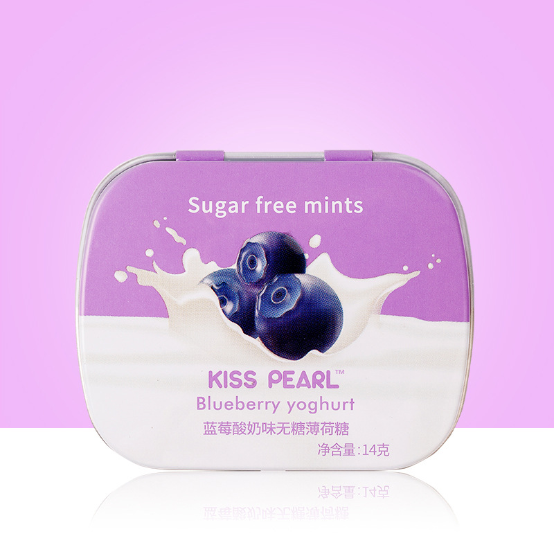 kisspearl蓝莓酸奶味薄荷糖无糖型铁盒香体糖果14g/盒