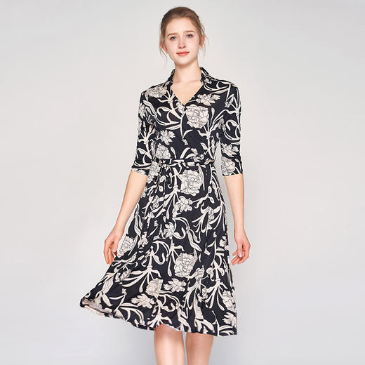 丁摩 真丝连衣裙女夏季中袖翻领印花桑蚕丝修身收腰系带长裙4ZF-22016 商品图2