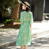 丁摩 夏季女装法式V领绿色碎花真丝中长款连衣裙子4ZF-90440 商品缩略图3