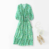 丁摩 夏季女装法式V领绿色碎花真丝中长款连衣裙子4ZF-90440 商品缩略图4