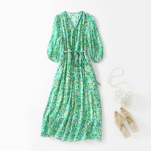 丁摩 夏季女装法式V领绿色碎花真丝中长款连衣裙子4ZF-90440 商品图4