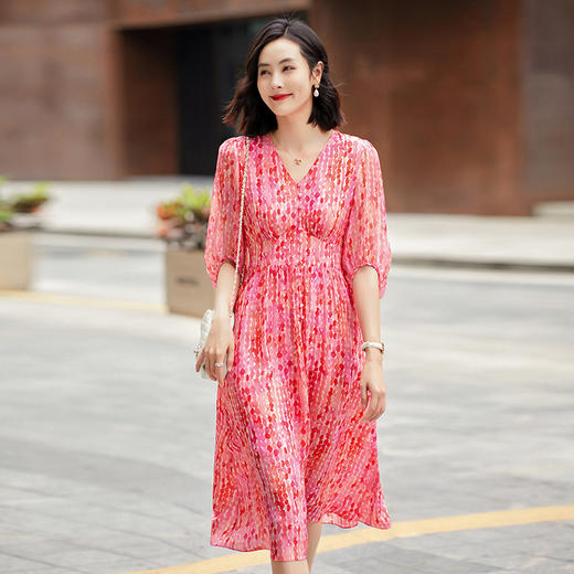 丁摩 真丝碎花连衣裙夏季女法式气质桑蚕丝度假裙子4ZF-90447 商品图1