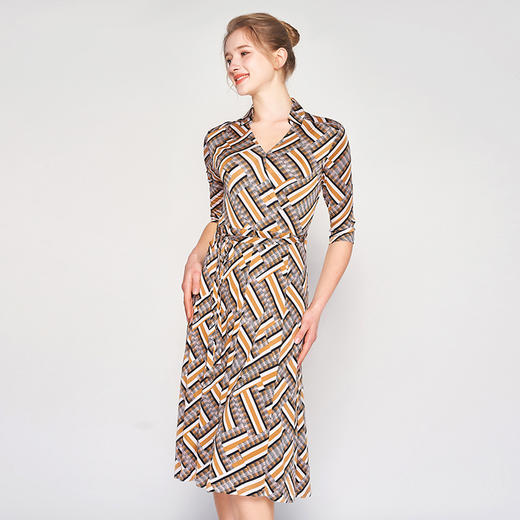 丁摩 真丝连衣裙女夏季中袖翻领印花桑蚕丝修身收腰系带长裙4ZF-22016 商品图5