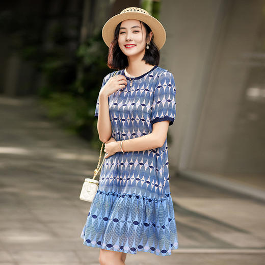 丁摩 单层加厚圆领蓝色几何休闲真丝连衣裙短袖鱼尾裙新4ZF-75266 商品图2