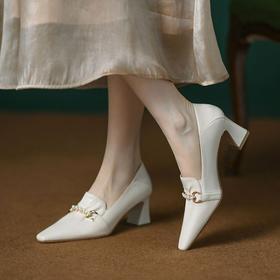 【预售5天】仙女珍珠金属扣，全皮粗高跟乐福鞋小皮鞋WC&M9524