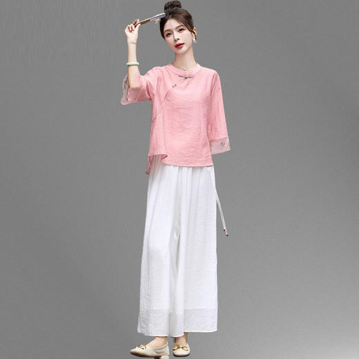 中国风时尚天丝麻套装，宽松阔腿裤新中式两件套HR-MY8867 商品图0