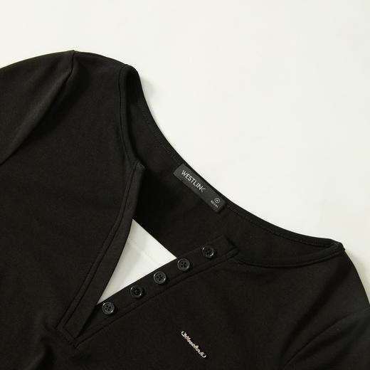 西遇假两件长袖T恤两件套女新款黑色阔腿裤休闲套装D3442167 商品图5