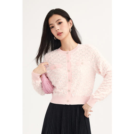 【特惠不退货】诗凡黎粉色小香风针织开衫2024春新款上衣3F2230241 商品图0