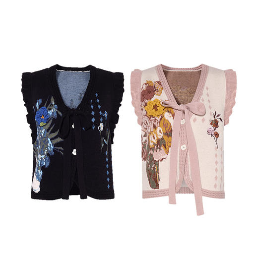 两三事梵高文艺银河甜心2024秋新款花卉图案荷叶边拼接无袖毛衣女 商品图4