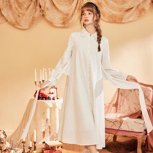 两三事 梦同游 2024秋季新款简约绣花翻领绑带衬衫裙连衣裙 商品图1